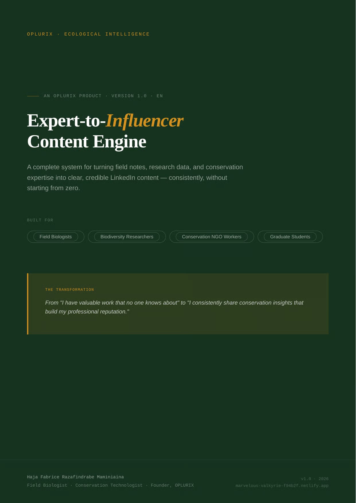 Expert-to-Influencer Content Engine — cover, OPLURIX digital product for conservation professionals